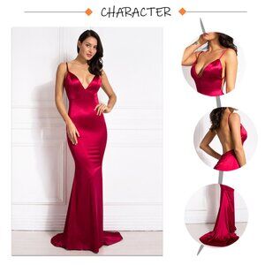 Deep V Neck Backless Ruched Long Slip Sheath Dress Evening Gown Prom